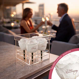 Luxara Cua – Happy Anniversary - 4 Personalized Roses - 100% Real (Preserved-Eternal)